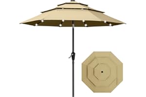 ABCCANOPY 3-Tiers 9FT Solar Patio Umbrella, Outdoor Umbrella with 32 LED Lights for for Deck, Pool, Garden, Backyard (Khaki)