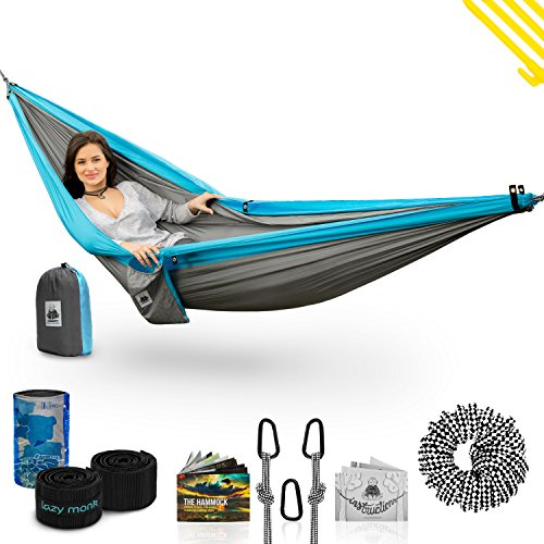 Double Camping Hammock BLUE With Straps â€“ UNIQUE 4in1â”‚Complete Fast Setup Hammock Bundle, Waterproof, Lightweight Parachute Nylon, in Compression Tree Sack BLUE