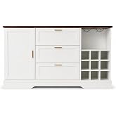 Garvee 63" Mid Century Buffet Cabinet with Wine Rack, White Walnut | Features integrated wine storage grid, adjustable interior shelves &amp; heavy-duty MDF wood frame. Fits kitchen &amp; coffee bar.