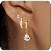 Surgical Steel Drop Dangle Small Huggie Hoop Earrings Set，14K Gold Plated Hypoallergenic CZ Stud Earrings for Women Waterproof and Non Tarnish