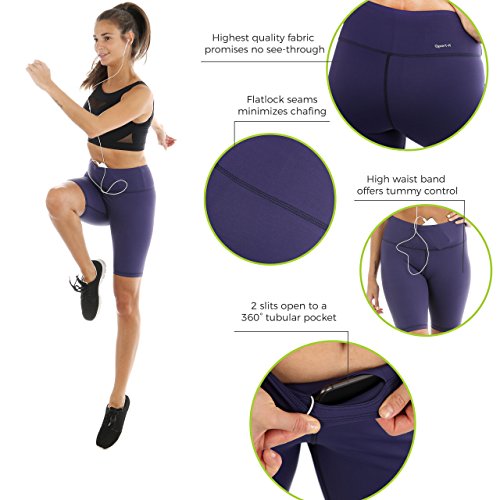Sport-it Active Long Shorts, Women’s Workout Bike Running Shorts with Pockets and Tummy Control, Athletic Training Half Yoga Pants (Medium, Blue)