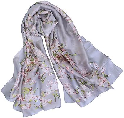 Synthiiz Silk Scarf Georgette Mulberry Shawl Wrap With Flower Print Large Size 70.8"L x 35.4"W For Woman (french gray)