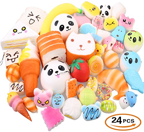 24PCS Random Kawaii Soft Squishy Cake Panda Bread Buns Toasts Foods Phone Chain Holder Jumbo Medium Mini