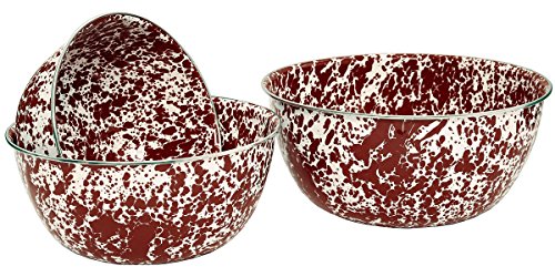 Click Here to See More Images Crow Canyon Enamelware - 3 Piece Mixing Bowl Set - Burgundy on Cream Marble