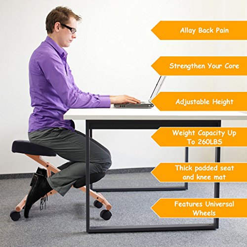 Giantex Knee Chair Ergonomic Office Kneeling, Adjustable Relieving Back and Neck Pain Thick Comfortable Cushion Stool,Home Office Desk Kneeling Chairs (Wood)