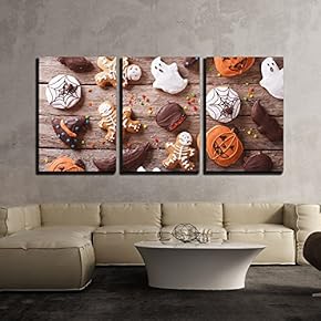 3 Piece Canvas Wall Art - Festive Gingerbread Halloween on The Table. Horizontal View from Above - Modern Home Art Stretched and Framed Ready to Hang - 16"x24"x3 Panels