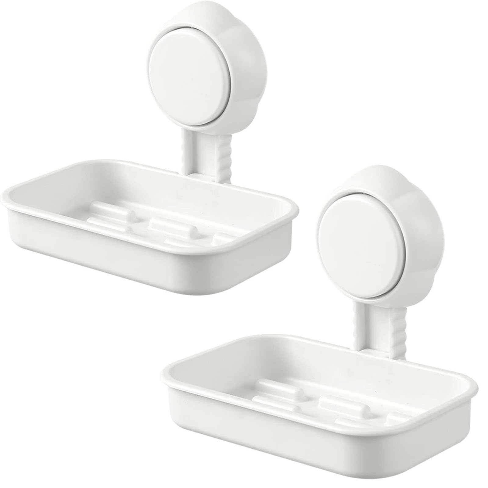 2Pcs Plastic Suction Soap Dish, 3-in-1 Bathroom Set Soap Dish, Soap Holder Max Hold 5 KG, Drill-Free, Removable Shower Shelf Storage Basket with Drainage, White