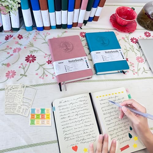 Mlife B5 Dotted Notebook with Tree of Life Design,300 Pages,100 G/M² Dotted Paper,PU Cover,Elastic Band,Pencil Holder,3 Bookmark,For Women And Men,14.6 X 21.3 CM-Greenish Blue