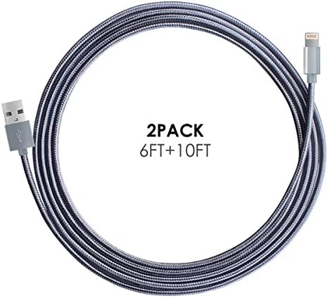2 Pack 6ft 10ft iPhone USB Cable - SINHONG Lightning to USB Cord Nylon Braided Fast Charger Adpater Data Sync Lighting Wire for Apple iPhone 6 6S Plus / 5 5C 5S Se / 7 Plus / iPad Mini Pro - Gray