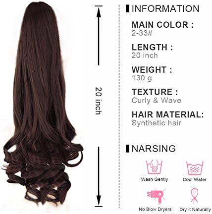 Qileyi 20 " Curly Synthetic Clip In Hair Extension Ponytail Hairpiece 130g with a jaw/claw clip (2-33#)