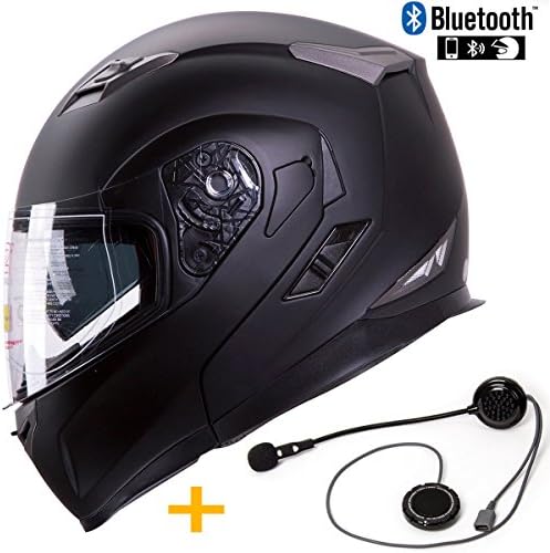 Bluetooth Combo: IV2 Dual Visor Modular Flip-Up Motorcycle Adventure Touring Helmet [DOT] with Bluetooth Unit Pre-Installed (XL, Black Matte)