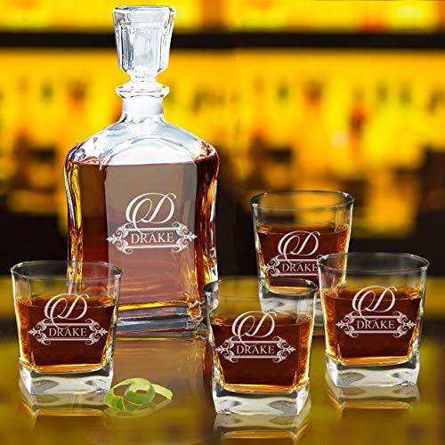 Personalized 5 pc Whiskey Decanter Set Decanter and 4 Glasses Gift