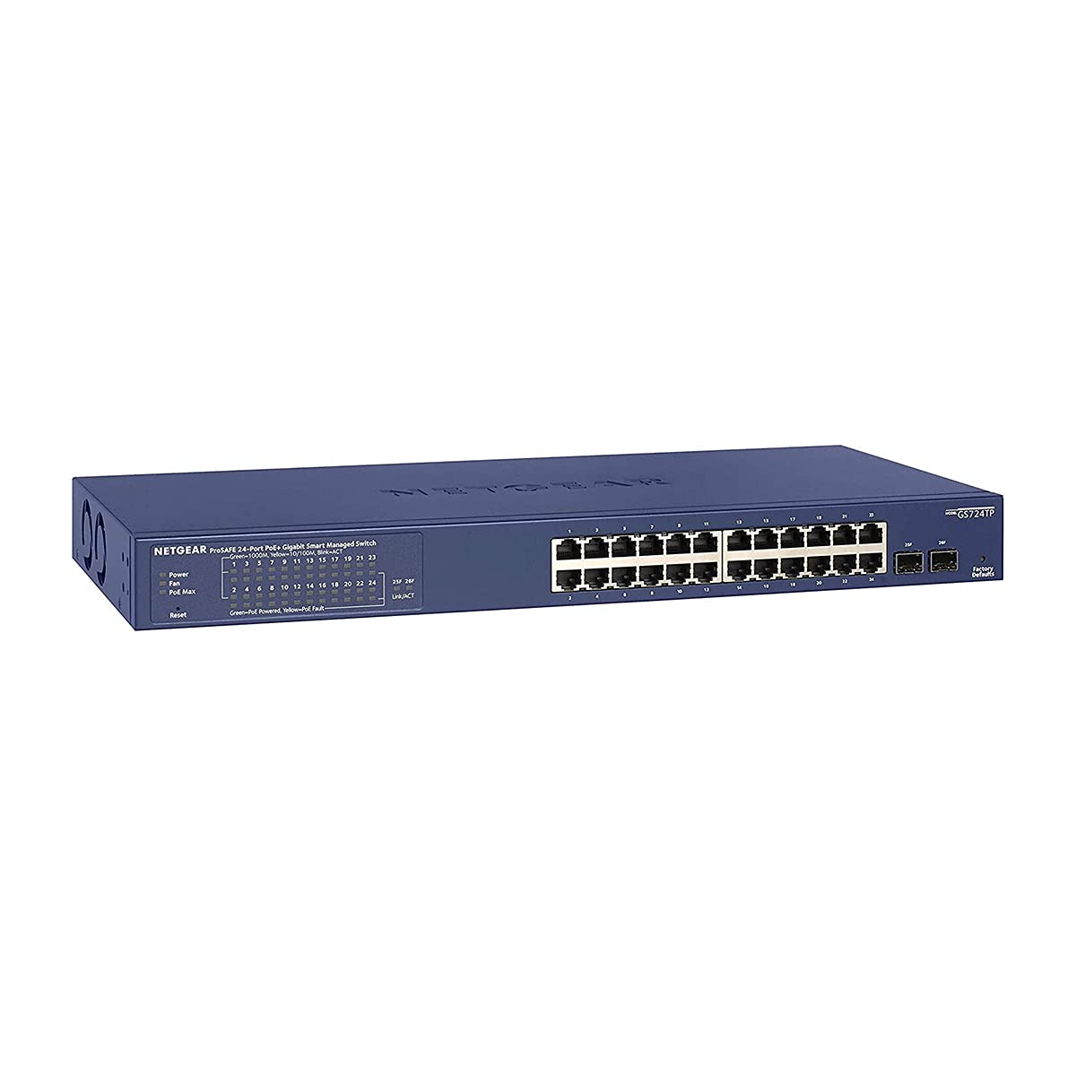 NETGEAR 24-Port Gigabit Ethernet Smart Managed Pro PoE Network Switch (GS724TP) - Hub with 24 x PoE+ @ 190W, 2 x 1G SFP, Desktop/Rackmount, and ProSAFE Protection, Black, grey