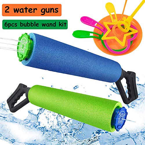 Klobroz Water Blaster Soaker Gun - 2 Pack 5 in 1 Nozzles Foam Water Gun Toys for Boys Girls and Adults - Outdoor Swimming Pool Beach Yard and Park Water Fighting Game Bubble Making Wand Included
