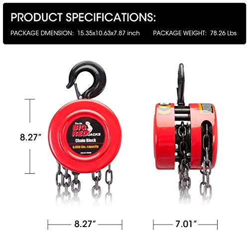 BIG RED TR9050 Torin Manual Hand Lift Steel Chain Block Hoist with 2 Hooks, 5 Ton (10,000 lb) Capacity, Red - Image 5
