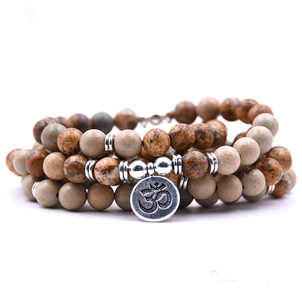 Self-Discovery 108 Natural Beads Mala Yoga Jewelry Meditation Beads Bracelet Necklace with Yoga Symbol Charm (Picture Jasper)