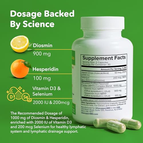 VITASUPPORTMD Lymphatic Formula, Diosmin Hesperidin 1000mg Lymphatic Drainage Supplement, Lymph System Detox, Selenium and Vitamin D3 for Immune Health, 60 Capsules