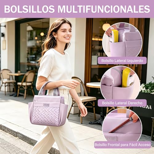 ZZBIFRJ Loncheras Termica para Mujer, Bolsa de Almuerzo de Gran Capacidad con Cristales Hielo y Cubiertos, Aislamiento Portátil Ideal para Trabajo, Playa, Camping