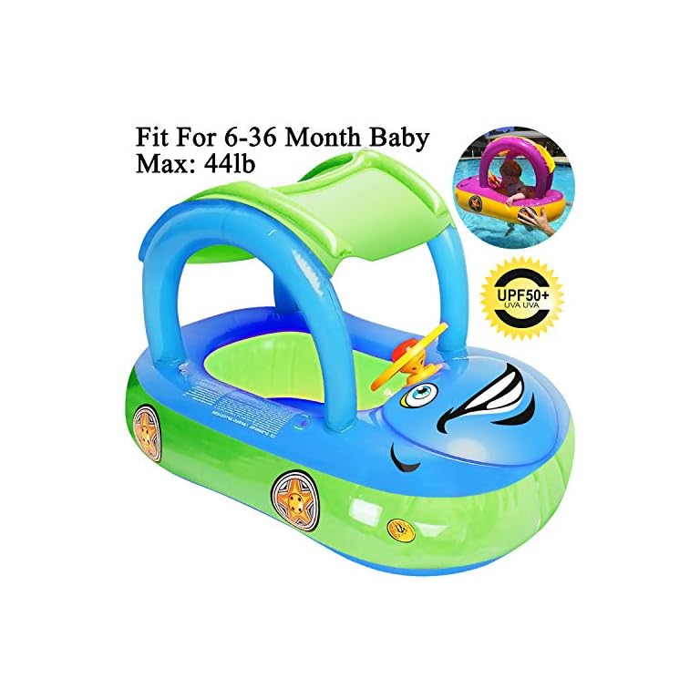 iGeeKid Baby Pool Float with Canopy, Car Shaped Inflatable Swim Float
