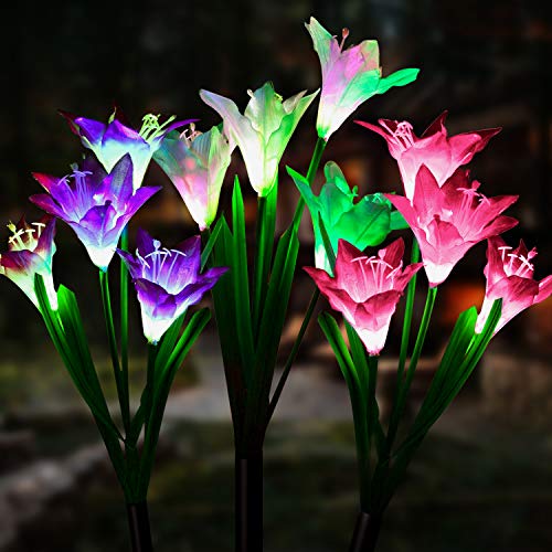 Outdoor Solar Garden Lights [3 Pack] - WdtPro Upgraded Waterproof Solar Powered Lights with 12 Lily Flower, 7 Colors Changing Solar Decorative Lights for Garden, Patio (Purple, White & Pink) - Thumbnail 7