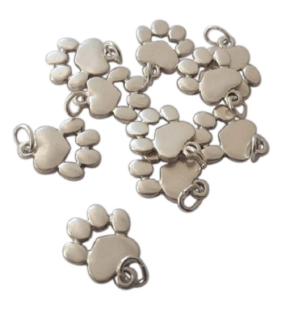 Paw Charms for jewellery making. 10 Dog and Cat Silver plated pendants for DIY creations: clothing, bags, decorations, accessories, costume jewelery, bracelets, favors. Puppy paws 0,6 in