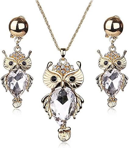 Butishop Owl Pendant Rhinestone Necklace and Earring Set Gold-plated Feather-shaped Alloy Jewelry Set