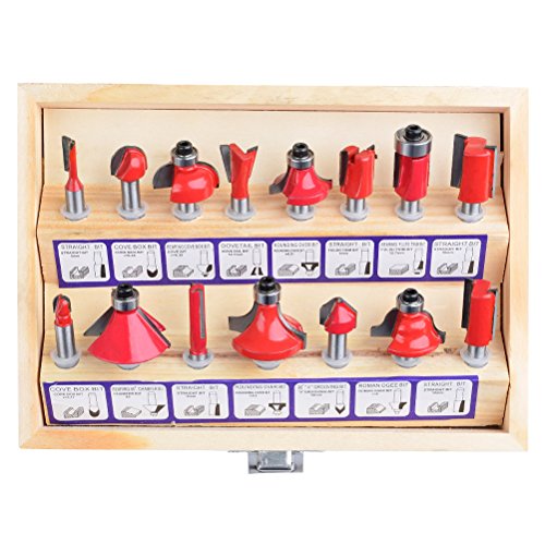 QLOUNI 15 Pcs Router Bits Set Tungsten Carbide Tipped Milling Cutter 1/4" Shank with Wood Case and Micro Wrench