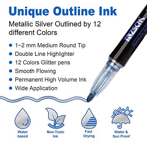 Double Line Outline Pens, 12 Colours Outline Pens Two-Line Glitter Art Drawing Pens Marker Pens Set Highlighter Writing Drawing Pens for Birthday Greeting Card/Scrapbooking/Painting/DIY Art Crafts