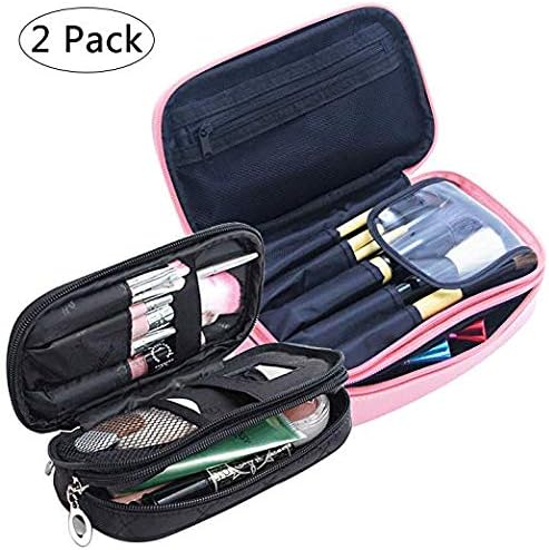 Small Portable 2 layers Makeup Bag and PU Leather Cosmetic Pouch Waterproof Brush Pencil Case with Carry Handle for Travel