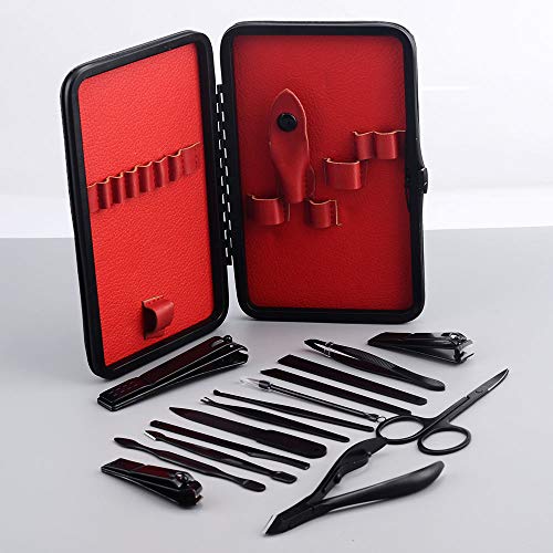 15pcs/Set Black Stainless Steel Nail Clipper Cutter Trimmer Scissor Tweezer Knife Ear Pick Grooming Kit Manicure Set Pedicure Toe Nail Art Tools Set Kits with Travel Case