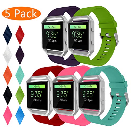 Fitbit Blaze Bands, KingAcc Soft Accessory Replacement Band for Fitbit Blaze, with Metal Buckle Fitness Wristband Strap Women Men (5-Pack, Red&Rose&Purple&TealBlue&Green, Small) [No Frame]