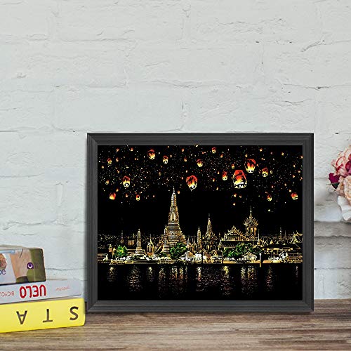 Scratch Art Rainbow Painting Paper, Sketch Pad DIY Night View Scratchboard for Kids & Adults, Engraving Art & Craft Set, Scratch Painting Creative Gift, 16'' x 11.2'' with 3 Tools (Chiangmai-Thailand) - Thumbnail 4