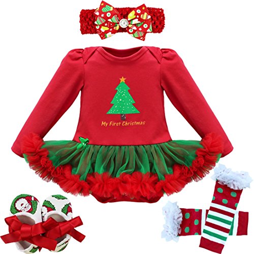 iiniim Baby Girl My First Christmas Outfit Romper with Headband Leg Warmer Shoes