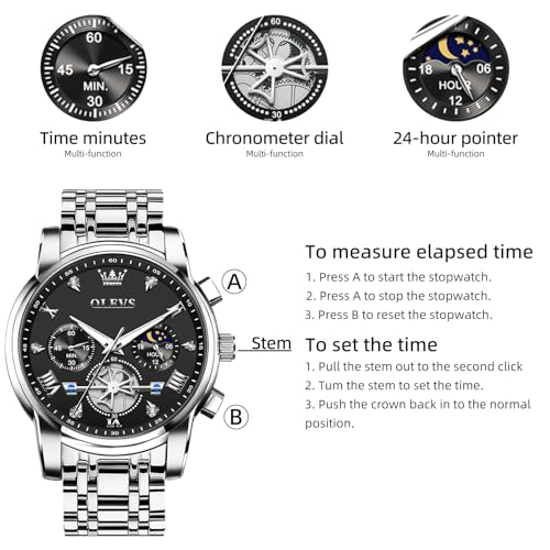 OLEVS Men Silver Watches,Men's Stainless Steel Chronograph Watch,Man Analog Quartz Big Face Male Watches Luxury Waterproof Roman Numeral Dress Diamond Relojes para Hombre