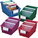 Really Good Stuff Large Plastic Labeled Book and Organizer Bin for Classroom or Home Use â€“ Sturdy Plastic Book Bins in Fun Royal Colors â€“ (Set of 4)
