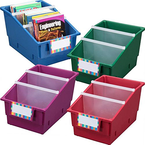 Really Good Stuff Large Plastic Labeled Book and Organizer Bin for Classroom or Home Use – Sturdy Plastic Book Bins in Fun Royal Colors – (Set of 4)