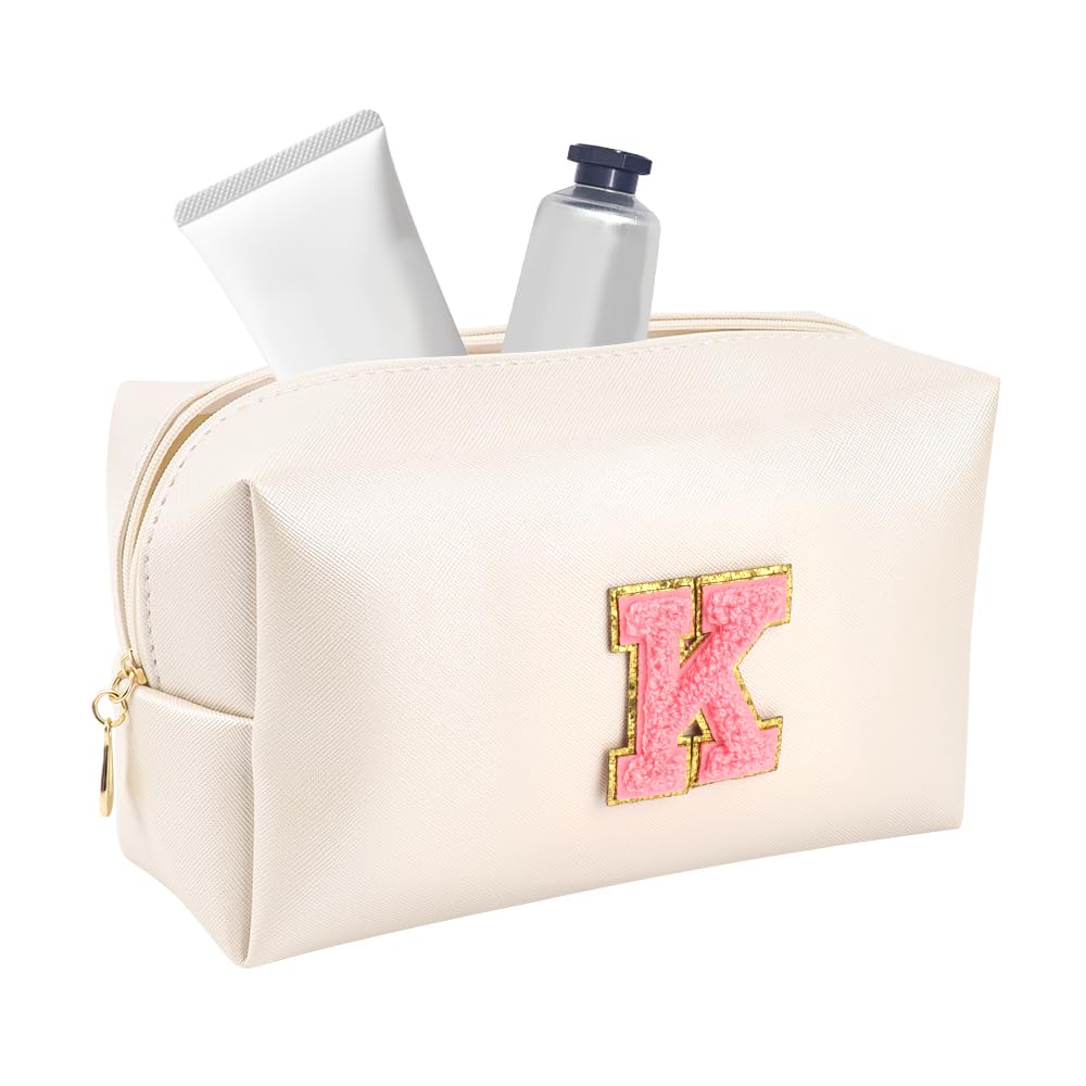 Preppy Large Makeup Bag-Customized Initial PU Leather Travel Cosmetic Bag,Ideal for Storing Makeup,Toiletries,and More,Gift for Women,Girlfriends,and Girls（Pearly White-Pink, K）