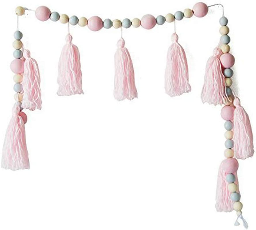 JUN Lovely Pink Wood Beads Tassels Wall Hanging Ornament Girls Gift Color Wooden Beads Hanging Decoration Garland Kids Room Décor 47inch (Pink)