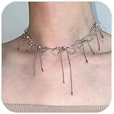 Zinzin Silver Bow Tassel Choker Necklace, Adjustable Bow Tassel Necklace Fashion Accessories Jewelry for Women