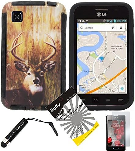 3 items Combo: ITUFFY (TM) LCD Screen Protector Film + Mini Stylus Pen + Design Wrap-Up Cover Faceplate Skin Phone Case for LG Optimus Dynamic II LG39C L39C (Net 10, StraightTalk, Tracfone) (Deer - Black)