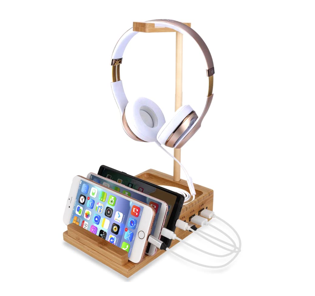 Yisen Handy Universal Wooden Game Earphone Headphone Stand Hanger(Removeble) with Cable Holder Multi Device Smartphone 3-Port USB Charging stations(with power switch and 1.5M UK plug power cord)