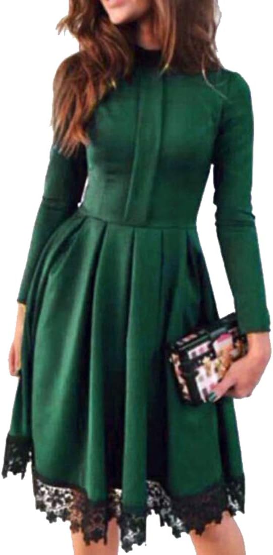 Heless Women's Lace Stitch Turtle Neck Long Sleeve A-Line Solid Midi Dress
