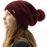 TOP-EX PolarWool™ Winter Slouchy Beanie for Women Icelandic Wool with Faux Fur Pom - Satin or Fleece Lined for Cold Weather