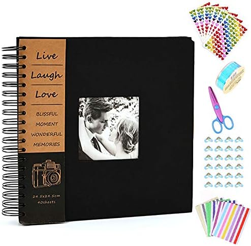 Anleymu Scrapbook Linen Cover, Photo Album with Photo Opening, Guest Book for Valentines Day, Wedding, DIY Anniversary Travel Memory Scrapbooking with Scrapbook Accessories (Black, 12x12 inch)