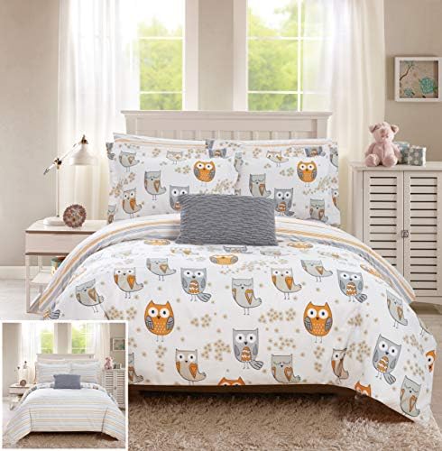 Chic Home フクロウフォレスト リバーシブル掛け布団8点セット かわいい It S A Hoot Owl Friends ユースデザイン ベッドインバッグ シーツセット 装飾枕カバー付き フル グレー