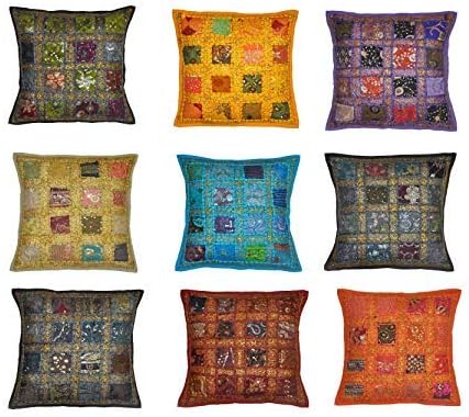 Third Eye Export 10 Pc Lot Square Embroidered Sequine Patchwork Home Decor Cushion Cover Indian Sari Chindi Pillow Cover Handmade 16 Box Cushion Covers Set 16X16 Inches