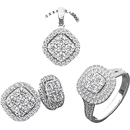 Earrings for Women, 3-Piece Ring, Earrings,Pendant Necklace Set Cubic Sparkling Simulated Diamonds, Square Halo Design, Shine Silver-Tone Jewelry for Wedding, Party