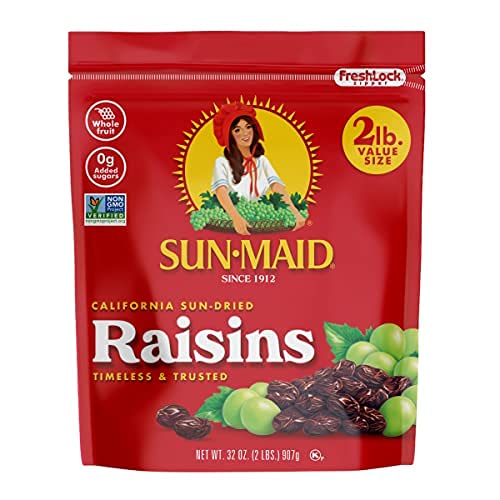SUN-MAID CALIFORNIA SUN-DRIED RAISINS – (2 PACK) 32 OZ RESEALABLE BAG – DRIED FRUIT SNACK FOR LUNCHES, SNACKS, AND NATURAL SWEETENERS