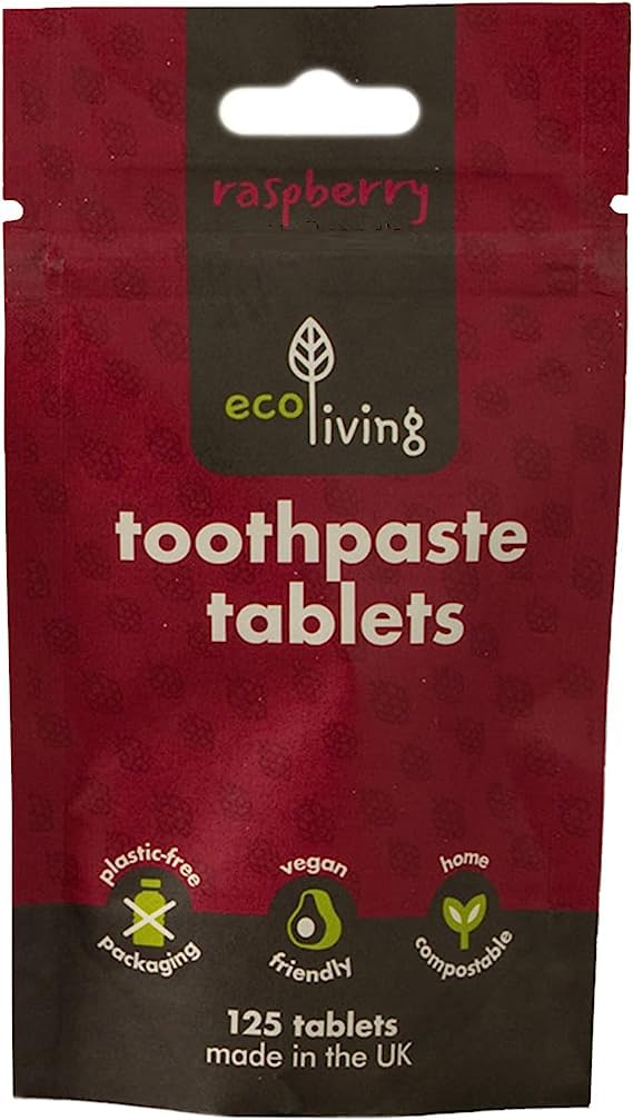 ecoLiving Toothpaste Tablets: Natural Raspberry Flavor; Eco-Friendly Teeth Whitening; 2 Month Refill Supply in Compostable Pouch; Vegan; SLS Free; Plastic-Free Fluoride Tabs; Made in UK; 125 Tablets