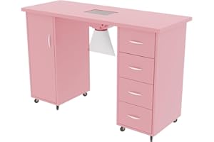 Cimcame Manicure Table for Nail Tech 47 inch Nail Desk w/Electric Downdraft Vent/Drawers/Wrist Pad/Lockable Wheels Acetone Resistant Nail Art Station for Salon Spa Beauty Bar Technician,Pink